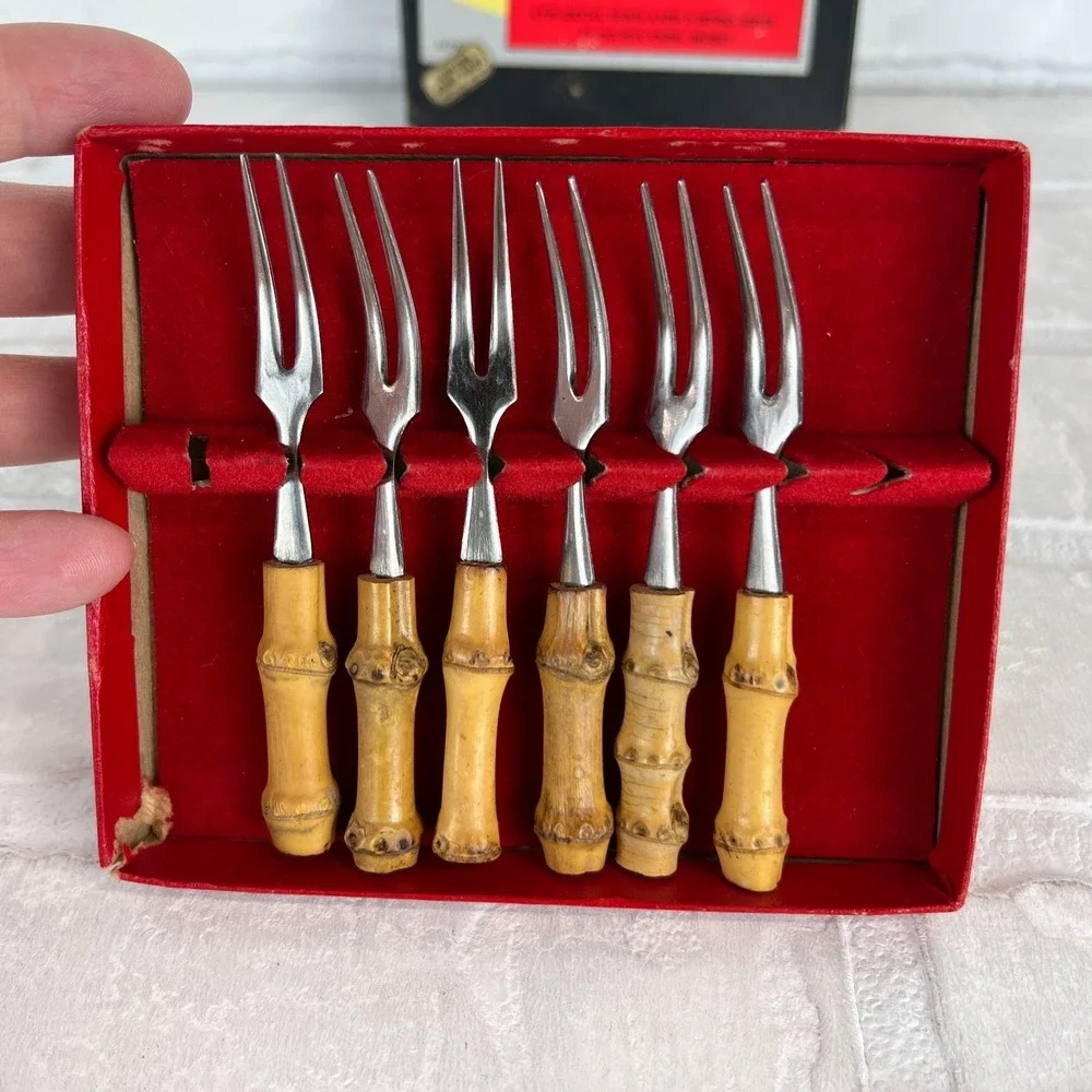 Viking Bamboo Little Forks 6 Cocktail Hand Made Set Original Box Japan Vintage